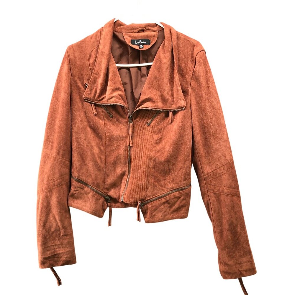 Lulus Faux Suede Moto Jacket Womens M Tan Brown Zip